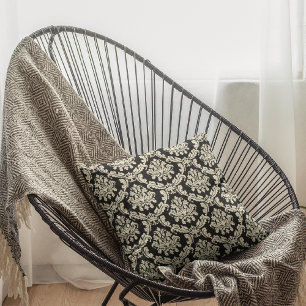 Coussin décoratif en damas noir à motifs floraux