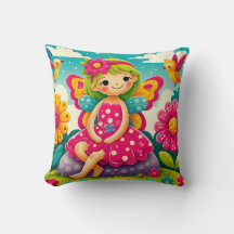COUSSIN DÉCORATIF « FÉE SOURIANTE AVEC OISEAUX »