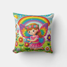 COUSSIN DÉCORATIF « FÉE SOURIANTE CUEILLANT DES FL