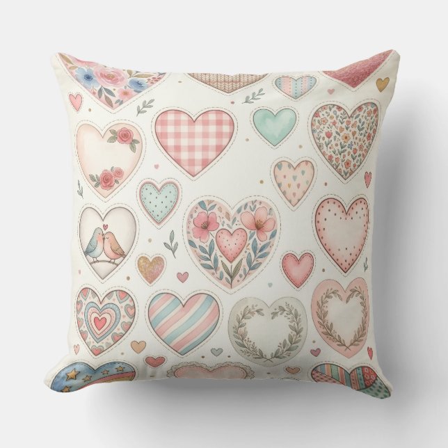 Coussin décoratif motif petits cœurs pastel (Recto)