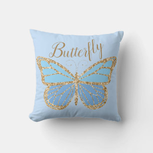 Coussin décoratif papillon bleu or fantaisiste