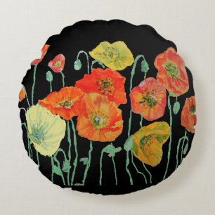 Coussin décoratif rond en poppies orange et noir