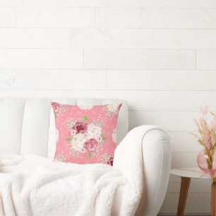 COUSSIN DÉCORATIF ROSES PINK AQUARELLE FLORAL VINT