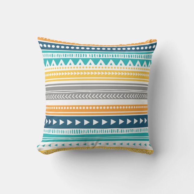 Coussin décoratif tribal gris jaune bleu (Recto)
