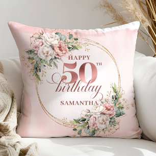 Coussin Décoration d'anniversaire de 50 ans Fleurs Blush O