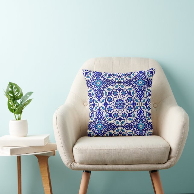 Coussin Décoration Motif Turc Ottoman Bleu Carrelage Blanc (Chaise)