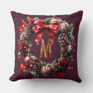 Coussin Deep Red Wreath Monogram  Throw pillow