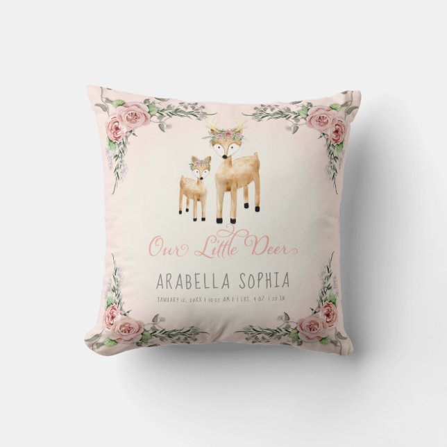 Coussin Deer Boho Baby Girl Birth Info Aquarelle Woodland (Recto)