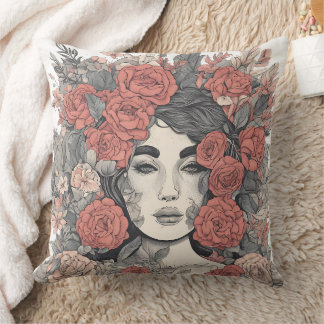 Coussin Déesse florale - Femme élégante avec Rose