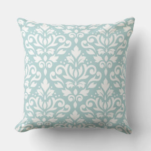 Coussin Défiler Damas Lg Ptn Blanc sur Bleu d'oeuf de cana