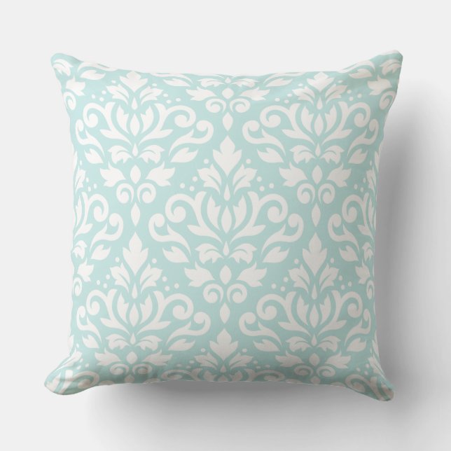 Coussin Défiler Damask Lg Ptn Blanc sur Canard Oeuf Bleu (Recto)
