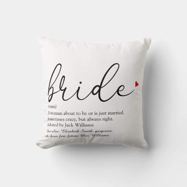Coussin Définition de la mariée, texte de douche nuptiale  (Recto)