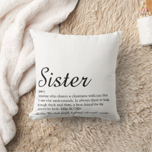 Coussin Définition de sœur Chic Script noir et blanc