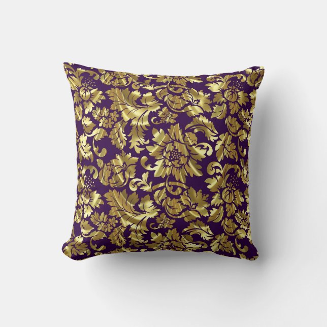 Coussin Dégâts Floraux Profonds Violet Et Or (Recto)