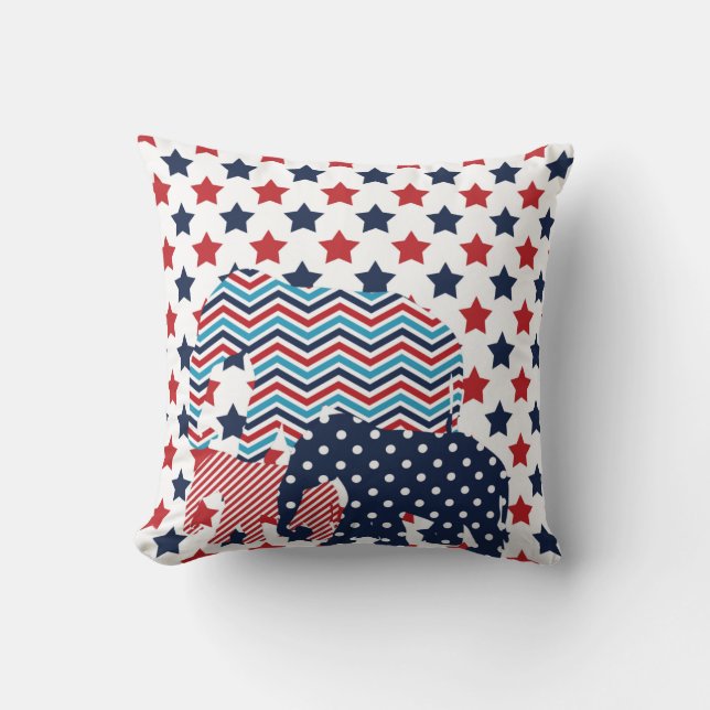 Coussin d'éléphant rouge, bleu et blanc (Recto)