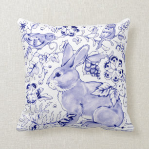Coussin Delft Blue Blanc Lapin Lapin Oiseaux Dedham Élég