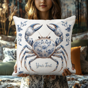 Coussin Delft Blue Floral Crab Coastère Rustic Beach House