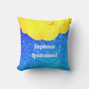 Coussin Demoiselle d'honneur Jaune Floral Bleu Paillettes 
