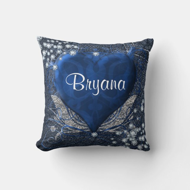 Coussin Denim & Diamonds Blue Heart Glam personnalisé (Recto)