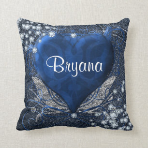Coussin Denim & Diamonds Cœur Bleu Glam Personnalisé