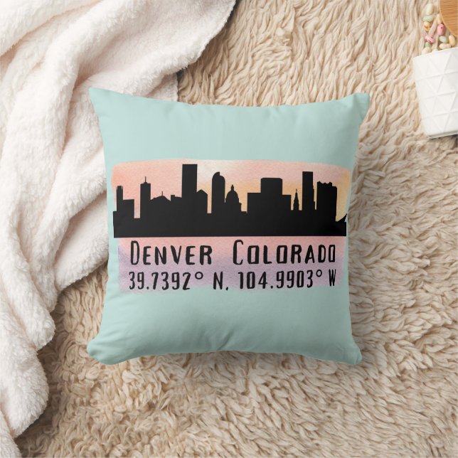 Coussin Denver CO City Skyline Latitude et Longitude (Couverture)