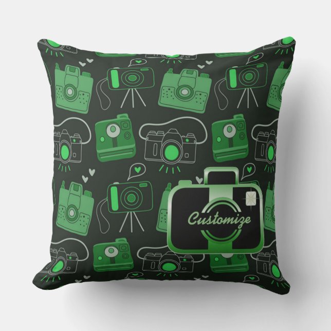 Coussin des caméras rétro de bug noir et vert (Recto)