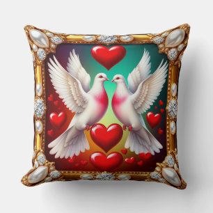 Coussin Des colombes blanches aimantes encadrées de cœurs