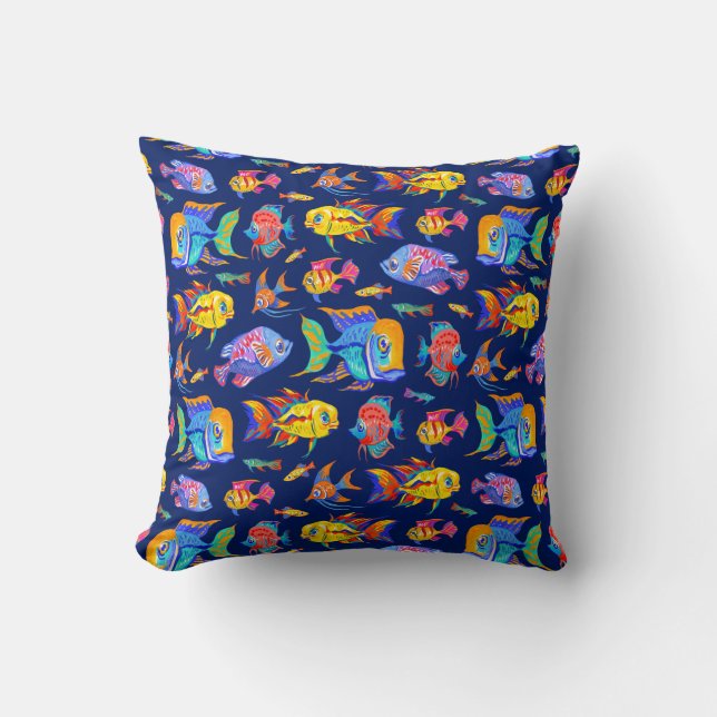 Coussin Des poissons tropicaux amusants sur bleu foncé (Recto)