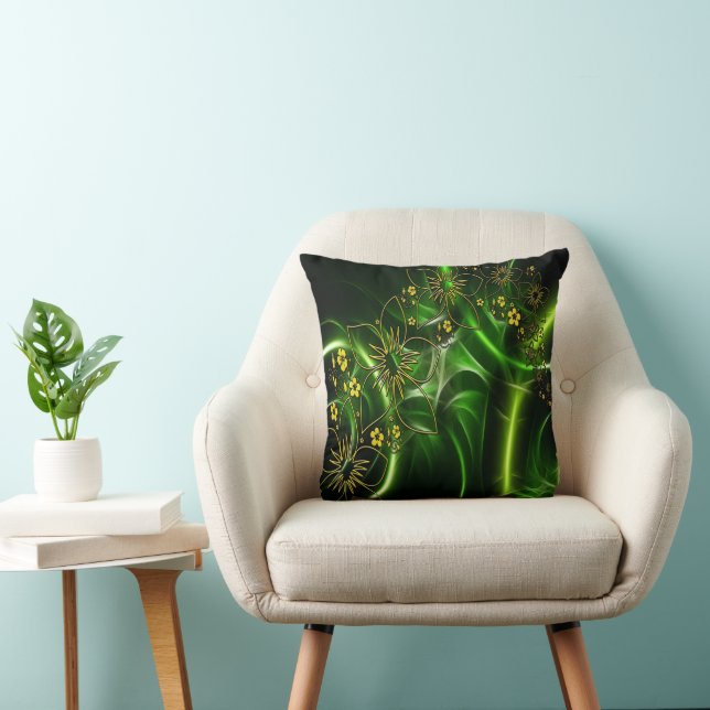 Coussin Design Abstrait de fleurs jaune noir et vert (Chaise)