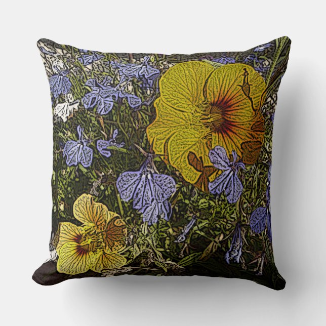 Coussin design avec beaucoup de fleurs jaune bleu et blanc (Recto)