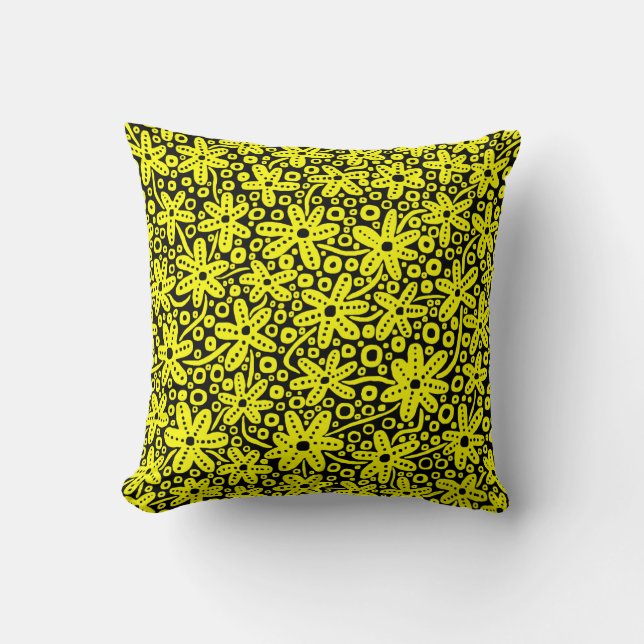 Coussin Design de fleurs - Jaune sur Noir (Recto)