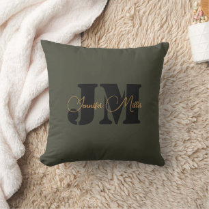 Coussin Design élégant minimaliste olives foncé monogramme