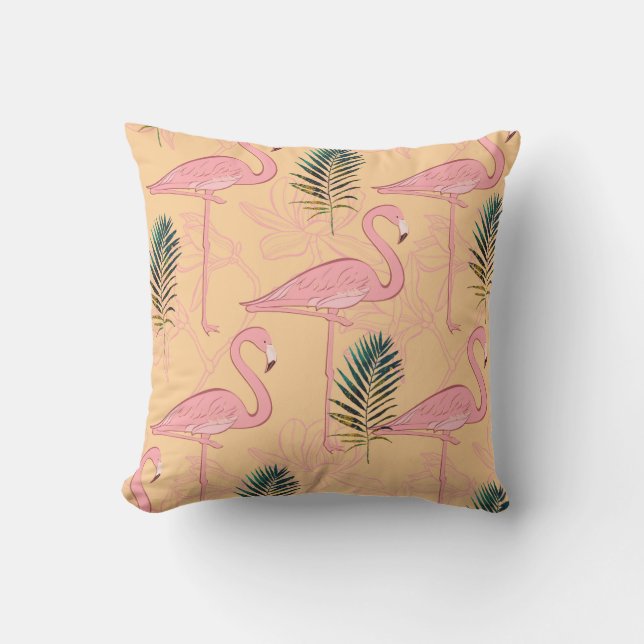 Coussin Design Flamant rose en Jaune doré et Feuille Turqu (Recto)