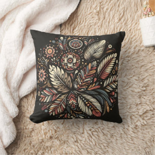 Coussin Design floral et plumes sur foncé