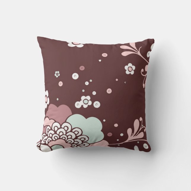 Coussin Design Floral Rétro Accents Brown, Bleu Et Rose (Recto)