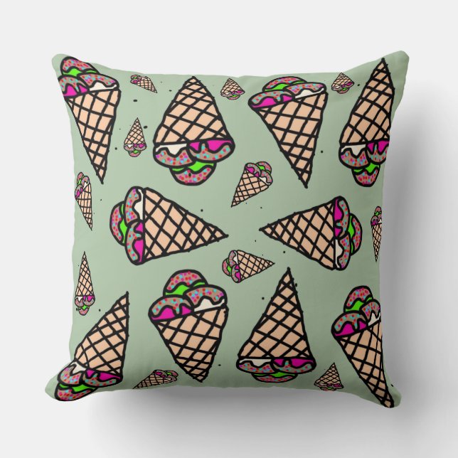 Coussin Dessin à la main Kawaii Crème glacée vert (Recto)