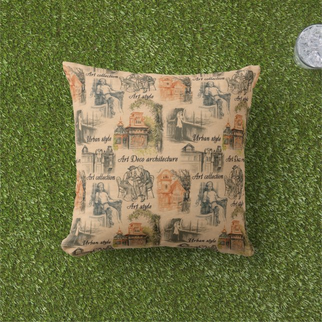 Coussin Dessin au crayon de la ville pour les femmes vinta (Herbe)