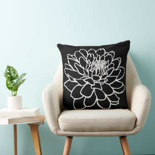 Coussin Dessin Chrysanthemum - Blanc sur noir