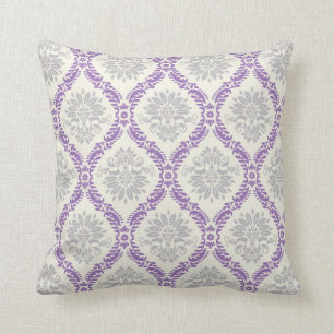 Coussin dessin damassé pourpre gris et crème de style roya