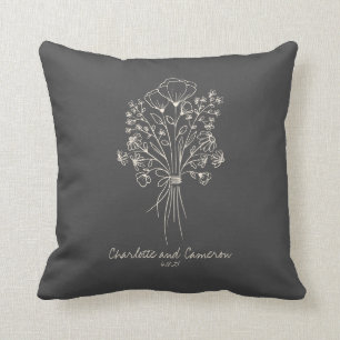 Coussin Dessin d'art en ligne de fleurs Boho Dessin de nom