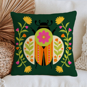 Coussin Dessin de bug floral sur insecte d'art folklorique