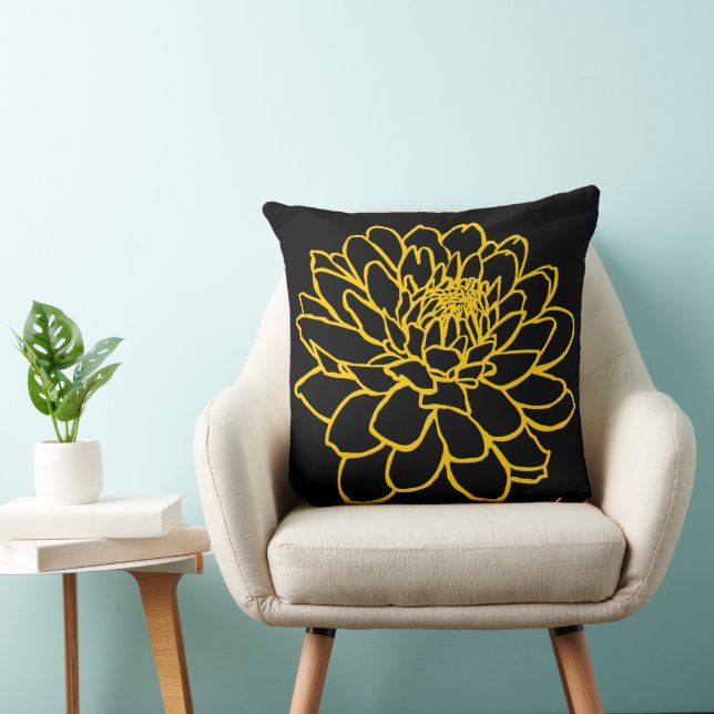 Coussin Dessin de chrysanthème - Ambre sur noir (Chaise)