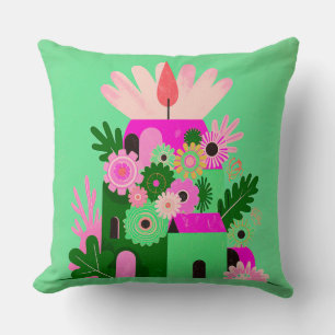 Coussin Dessin de fleurs rose et vert enjoué