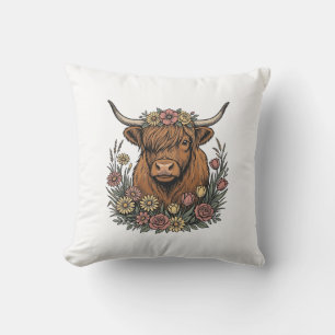 Coussin Dessin de gravure vintage de vache highland floral