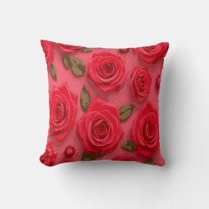 Coussin Dessin de rose rouge romantique – Feuilles vertes