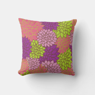 Coussin Dessin floral audacieux en vert citron, rose, viol