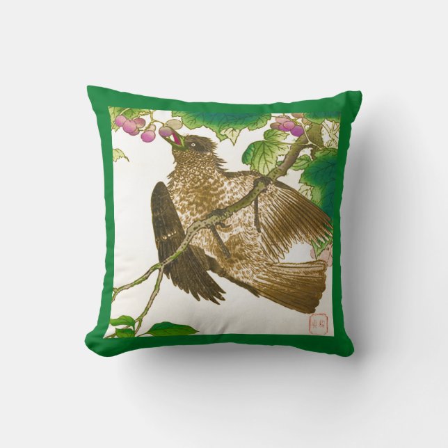 Coussin Dessin japonais de Jay sur une vigne de raisin (Recto)