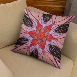 Coussin Dessin Mandala Fleur Rouge Bleu et Rose