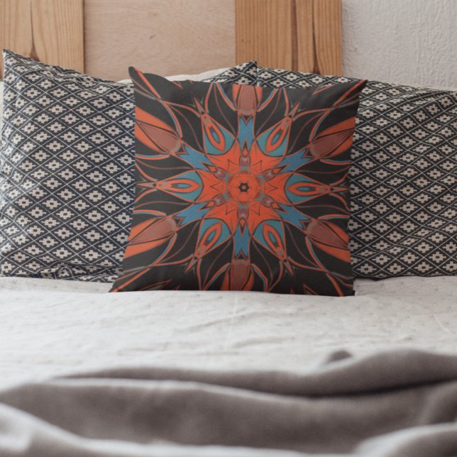 Coussin Dessin Mandala Flower bleu orange et noir (Créateur téléchargé)