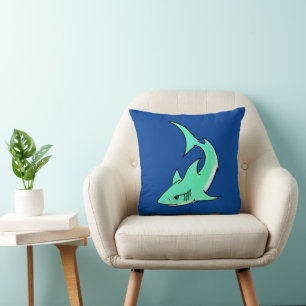 Coussin dessin souriant requin menthe bleu vert océan anim